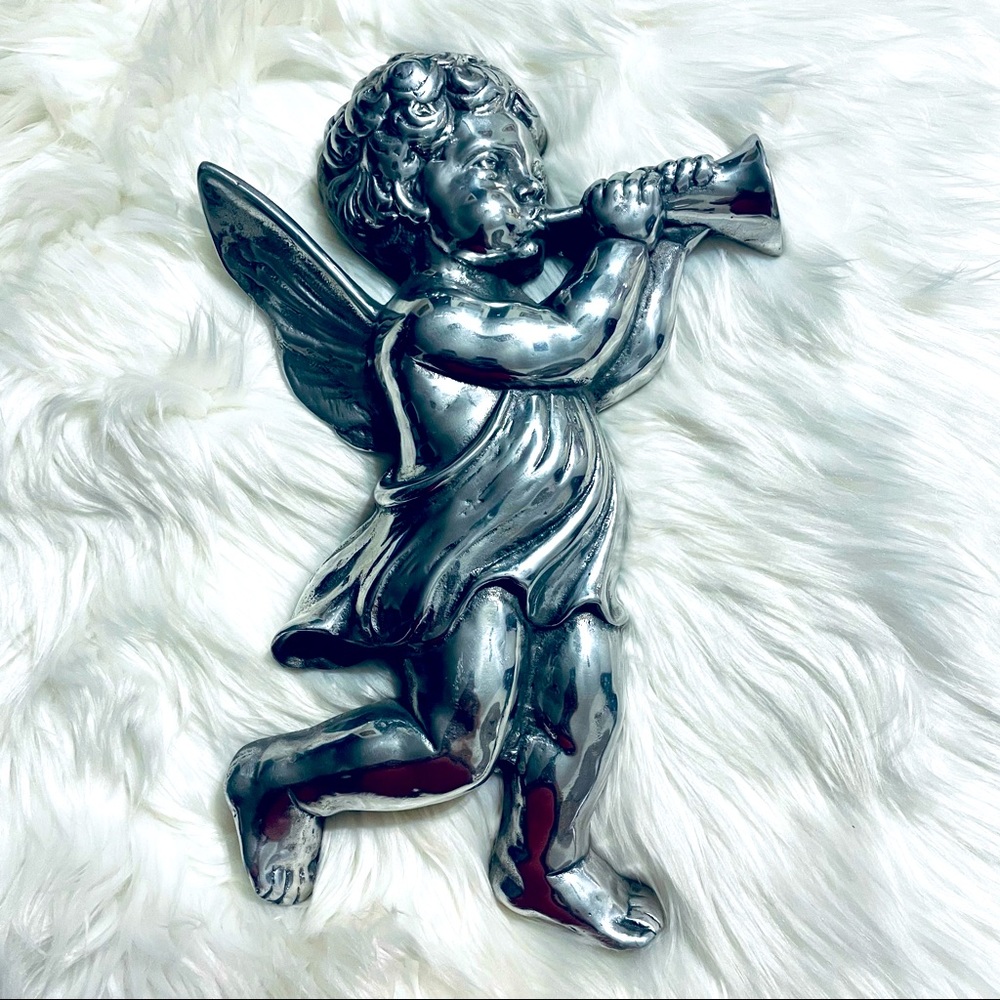 Trumpeting Angel Metal  Wall Hanger Silver Finished Color Farmhouse Hand…